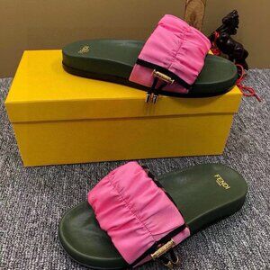 New Auth Fendi Pink Signature Floral Canvas Slide on Flats Sandals Size 38